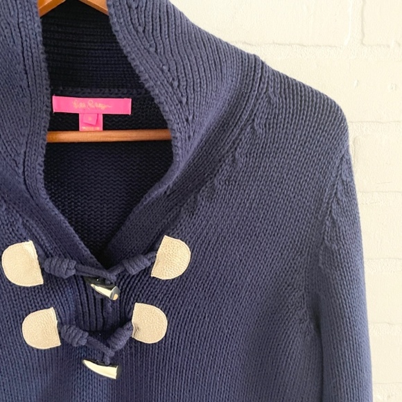 Lilly Pulitzer Toggle Knit Sweater Shawl collar Cotton Coastal Navy Blue Gold S - Picture 4 of 12